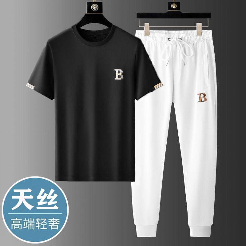 Summer Business Ice Silk Casual Suit Men'S European Station Light Luxury High-End Short-Sleeved Trousers Stitching Sports Suit Men - Image 3